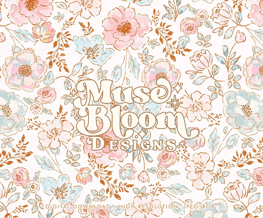 Watercolor Boho Floral Seamless Pattern – Pastel Pink & Teal (JPG File ...