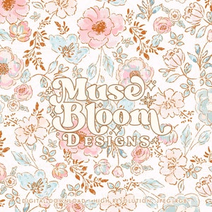 Aquarel Boho bloemenprint naadloos patroonbestand voor stofsublimatie commercieel gebruik - Pastelroze Teal - Lovely Bunny Collection