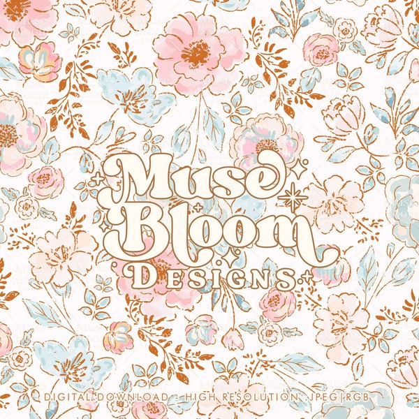 Watercolor Boho Floral Seamless Pattern – Pastel Pink & Teal (JPG File)