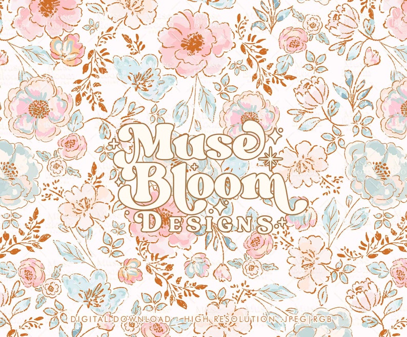 Watercolor Boho Floral Seamless Pattern – Pastel Pink & Teal (JPG File ...