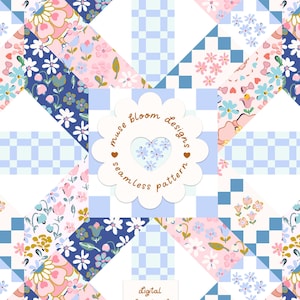 Vintage Floral Patchwork Quilt Seamless Pattern, Pink Blue Checkerboard Fabric Design, Commercial Use