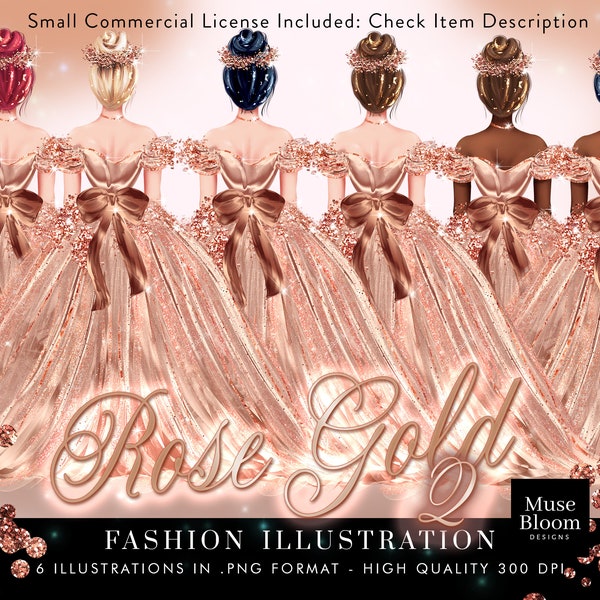 Rose Gold 2 Haute Couture Fashion Illustration | Ball Gown Dress Bow Digital Drawing Planner Cover Sweet Sixteen Quinceañera