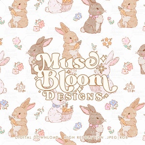 Häschen Mini Floral Seamless Datei-Wiederholungsmuster Kinder Design für den Sublimationsstoffdruck - Fluffy Osterhasen Kollektion