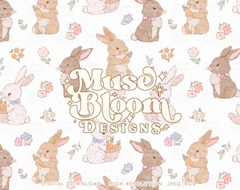 Bunny Floral Seamless Pattern – Kids Fabric, Sublimation Design (JPG)