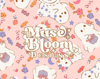 Halloween Ghosts Candy Print Seamless Pattern - Design for Commercial Use - Pink