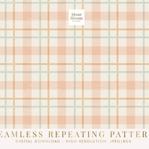 May include: A seamless repeating pattern featuring a plaid design in shades of peach, light green, and gold on a cream background. The pattern is ideal for use in digital and printed projects.