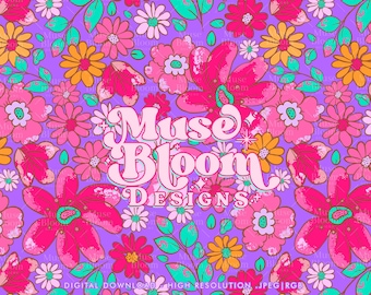 Summer Floral Seamless Pattern Repeat File for Fabric Printing Sublimation Bright Hot Pink Lavender Floral Print - Angelique