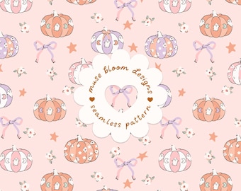 Motif sans couture citrouille rose d'Halloween, nœud papillon fantôme mignon, papier numérique pour tissu pastel (usage commercial)