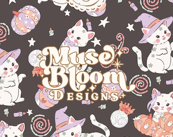 Halloween Witch Cat Print Seamless Pattern - Design for Commercial Use - Black