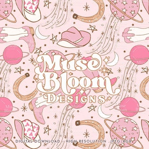 May include: A pink and brown seamless pattern featuring cowboy boots, stars, moons, horseshoes, and planets. The text "Muse Bloom Designs" is in the centre of the pattern.