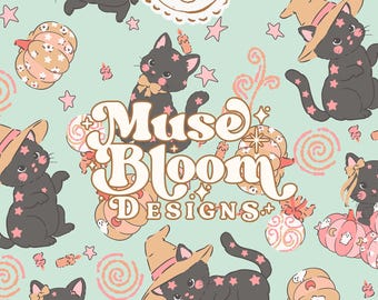 Halloween Witch Cat Print Seamless Pattern - Design for Commercial Use - Green