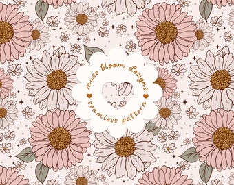 May include: A seamless pattern featuring light pink daisies with brown centers and small green leaves on a pale background, accented by tiny four-pointed stars. A central scalloped label reads muse bloom designs seamless pattern.