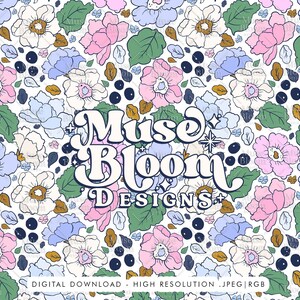 Floral Print Seamless Pattern File for Fabric Sublimation Commercial Use - Navy Blue, Periwinkle, Pink, White - Georgina White