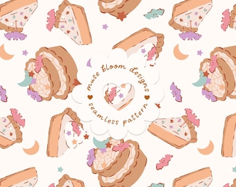 Motif sans couture pastel de tarte à la citrouille pour Halloween, chauves-souris mignonnes, lunes et étoiles, papier numérique kawaii pour tissu (usage commercial)