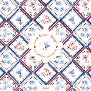 Könnte beinhalten: Ein nahtloses Muster mit einem sich wiederholenden Rautenraster mit abwechselnden blauen und roten Rändern. Jede Raute enthält kleine Blumenillustrationen in Rosa und Blau auf weißem Grund. Ein zentrales gewelltes Etikett zeigt den Text muse bloom designs seamless pattern und digital download HIGH RES JPEG-RGB.