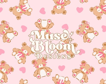 Pink Bears Valentine Hearts Bows Seamless Pattern Repeat File for Fabric Sublimation