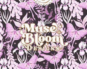 Whimsigoth Moths And Flowers Print Seamless Pattern - Dark Purple Design for Commercial Use
