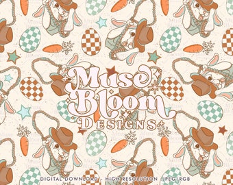 Cowboy Easter Bunny Seamless Pattern, Kids Fashion Fabric (JPG File)