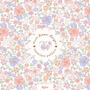 May include: A seamless pattern featuring a repeating floral design with pink, blue, and orange flowers on a white background. A central scalloped label displays the text muse bloom designs seamless pattern. A bottom box reads digital download HIGH RES JPEG-RGB.