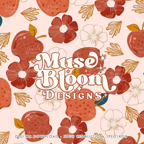 Apples and Flowers - Seamless Pattern File for Fabric Printing Sublimation - Boho