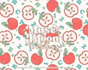 Modern Trendy Back To School Apples And Letters Seamless Pattern Digital File