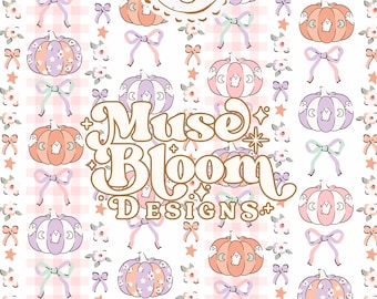 Halloween Pumpkin Stripes Print Seamless Pattern - Design for Commercial Use - Cottagecore Bows Gingham Plaid