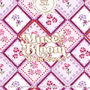 May include: A digital pattern featuring a repeating diamond grid with pink and purple floral motifs. The text reads Made by a human, Muse Bloom DESIGNS, and DIGITAL DOWNLOAD - HIGH RESOLUTION - JPEG | RGB. The background consists of light pink squares.