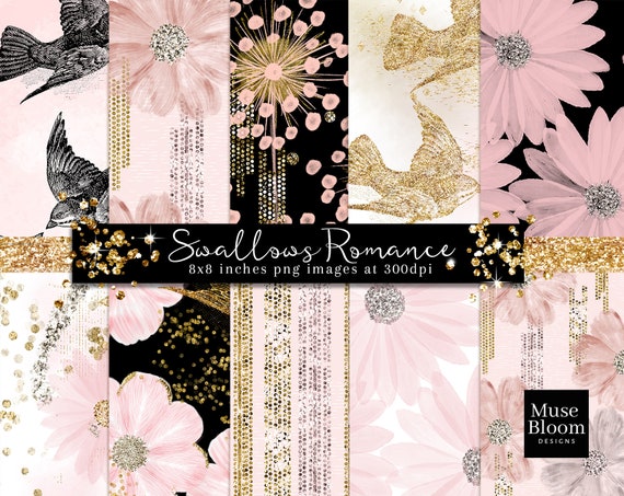 Digital Paper Pack Swallows Romance Pink Black Gold Floral Etsy