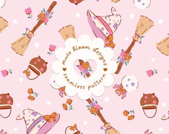 Motif sans couture Coquette Sorcière, Balais roses et boules de cristal, Papier numérique pour tissu d'Halloween style cottagecore (usage commercial)