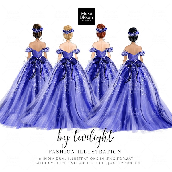 By Twilight Dolls Fashion Illustration | Purple Ball Gown Dress Bow Balcony Scene Sketch Drawing Planner Dashboard Sweet Sixteen Red Carpet