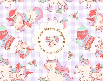 Motif sans couture Licorne de Noël, papier numérique pastel rétro pour les fêtes, usage commercial