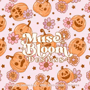 Cute Pumpkin Floral Halloween Seamless Pattern Repeat File for Kids Fashion Fabric Printing Sublimation