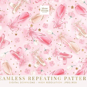 Ballerina Pointe Shoes Seamless Pattern, Pink Ballet Fabric Design (Digital Download)
