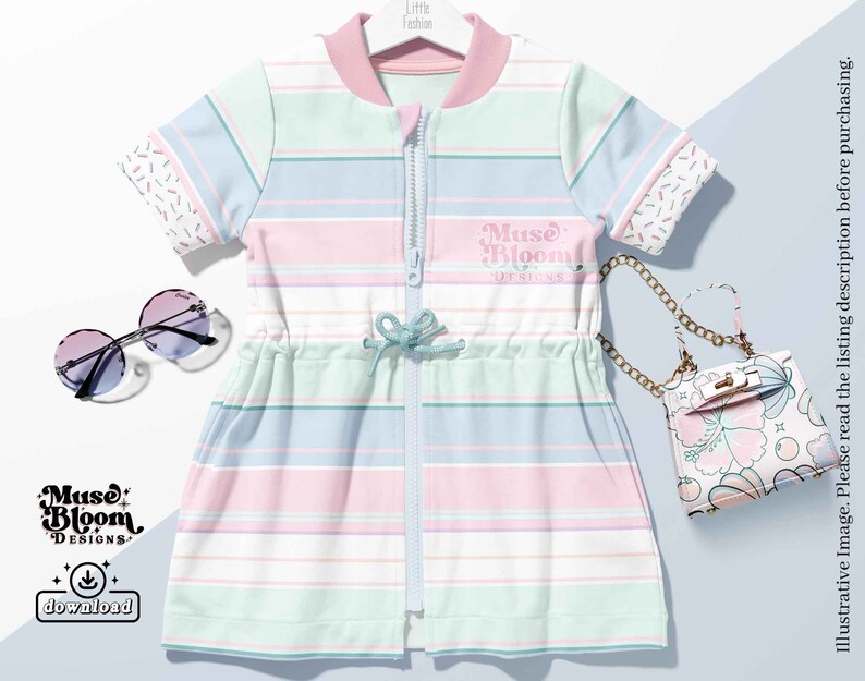 May include: A pink and blue striped dress with short sleeves and a zipper down the front. The dress has a drawstring waist and a small white bag with floral print is in the background.