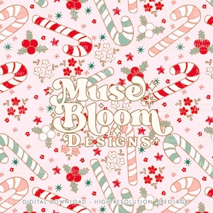 Floral Candy Cane Pink Christmas Design for Fabric Sublimation or Print
