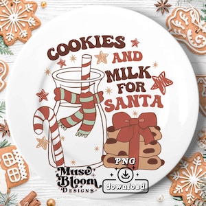 May include: A white plate with a red and green striped scarf, a glass of milk with a red and white candy cane, and a stack of cookies with a red bow. The text on the plate reads "Cookies and Milk for Santa".