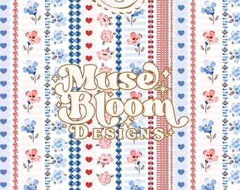 Romantic Cottagecore Floral Print Seamless Pattern - 4th of July Red White Blue Design for Commercial Use
