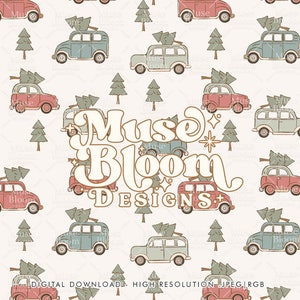 Weihnachtsbaum-Autos-nahtloser Druck - gedeckte Farben - Jungen- Kindermode-Design für Gewebedruck-Sublimation - gebrochenes Weiß
