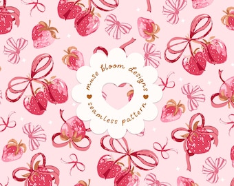 Motif sans couture nœud fraise Saint-Valentin, papier numérique pour tissu à fruits rose et rouge Coquette