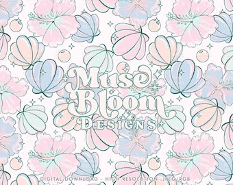 Retro Vintage Summer Seamless File Mermaid Floral Pattern for Fabric Sublimation