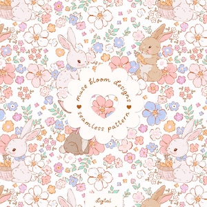 May include: A seamless pattern featuring light brown and white rabbits, some holding carrots or sitting in baskets, amidst a floral background of pink, blue, and orange flowers and green leaves. The text reads muse bloom designs seamless pattern.