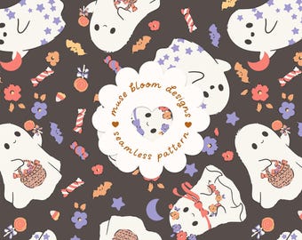 Motif sans couture de fantôme d'Halloween, chauves-souris et fleurs en bonbons, papier numérique pour tissu à l'aspect effrayant et mignon (usage commercial)