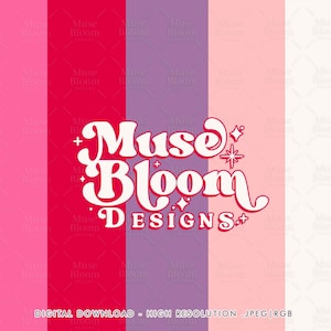 May include: A white logo with the text "Muse Bloom Designs" in a retro font style. The logo is surrounded by a pink and red background with a white star and a plus sign on either side of the text.