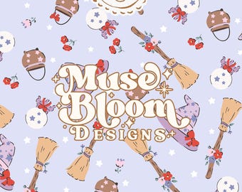 Halloween Witch Hat Broom Print Seamless Pattern - Design for Commercial Use - Purple