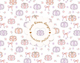 Motif sans couture Coquette citrouille d'Halloween, nœuds fantômes pastel, fleurs, papier numérique pour tissu mignon et effrayant