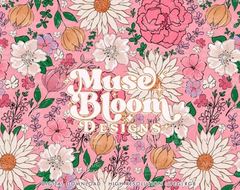 Archivo de patrón repetitivo sin costuras con estampado floral inglés en rosa chicle veraniego para sublimación de telas y uso comercial.