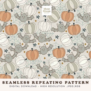 Cute Bat Pumpkin Spooky Cute Fall Halloween Seamless Pattern Repeating File for Digital Paper Fabric Printing Sublimation for Boys Toddler