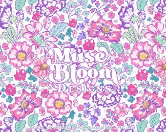 Summer Floral Seamless Pattern, Bright Pink & Purple Print (JPG File)