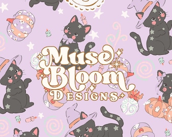 Halloween Witch Cat Print Seamless Pattern - Design for Commercial Use - Purple