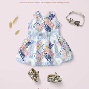 May include: A patchwork baby dress with a bow, matching headband, and gold baby shoes. The dress features a mix of floral and geometric patterns in blue, pink, and white. The text "Muse Bloom designs" is at the bottom.